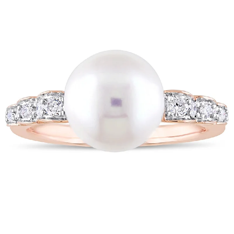 Miadora Signature Collection 10k Rose Gold Cultured Freshwater Pearl and 1/8ct TDW Diamond Solitaire Ring (9-9.5 mm) - White