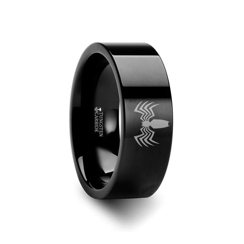 Thorsten Venom Spiderman Symbol Black Tungsten Engraved Ring - 4mm-12mm