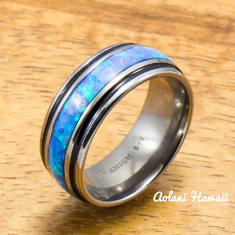 Titanium Ring with Black Border and Opal Inlay (8mm width, Barrel Style)