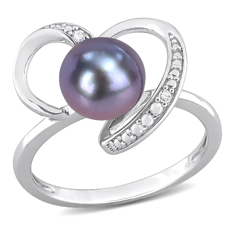 Miadora 8-8.5mm Black Cultured Freshwater Pearl and Diamond Accent Heart Ring in Sterling Silver