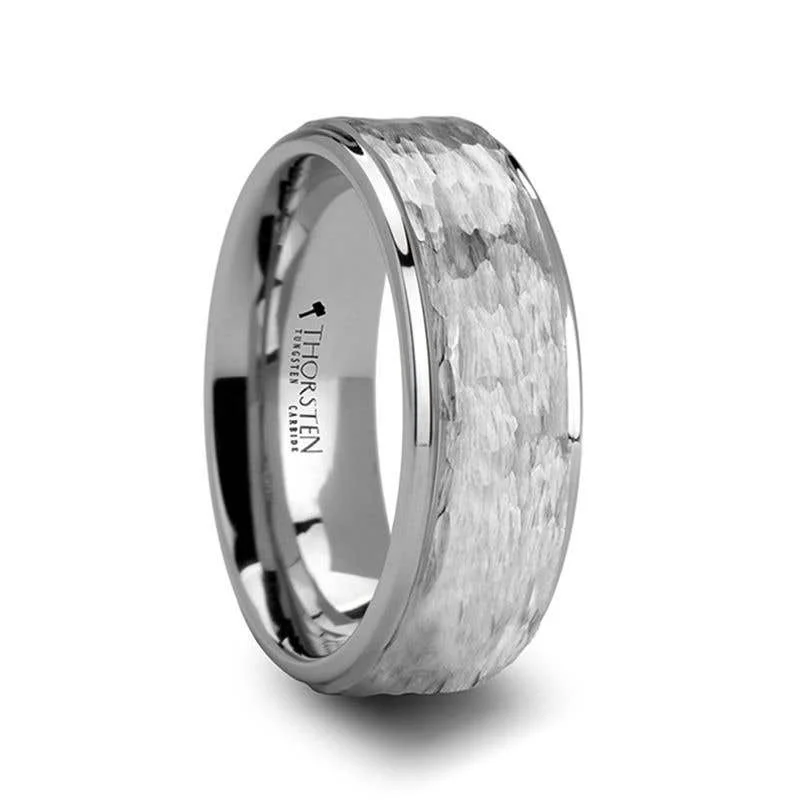 Thorsten WINSTON White Tungsten Ring with Raised Hammered Finish and Polished Step Edges - 4mm - 10mm