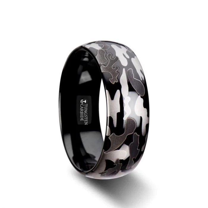 ADMIRAL Domed Black Tungsten Carbide Ring with Black and Gray Camo Pattern