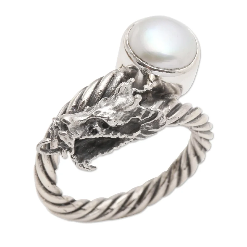 Novica Handmade Naga Basuki Cultured Pearl Cocktail Ring