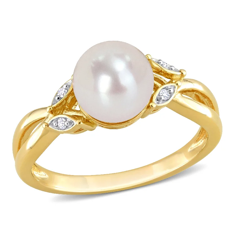 Miadora 7.5-8mm White Cultured Freshwater Pearl and Diamond Accent Split-Shank Ring in 10k Yellow Gold