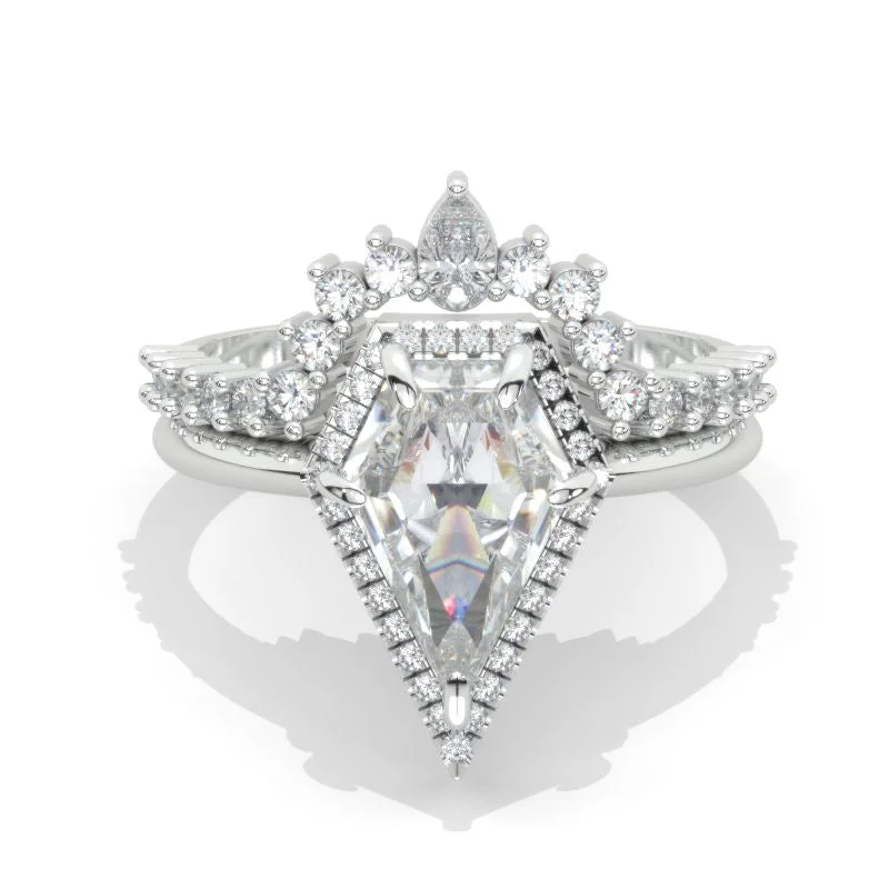 14K White Gold 3 Carat Kite Moissanite Halo Engagement Ring, Rings Set