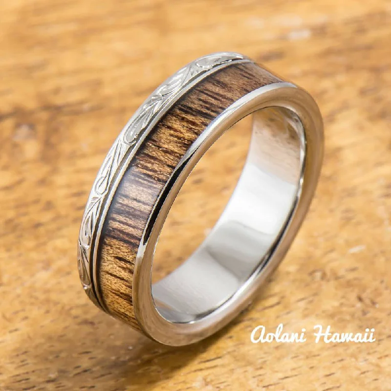 Titanium Ring with Koa Wood Inlay (6mm width, Flat Style)