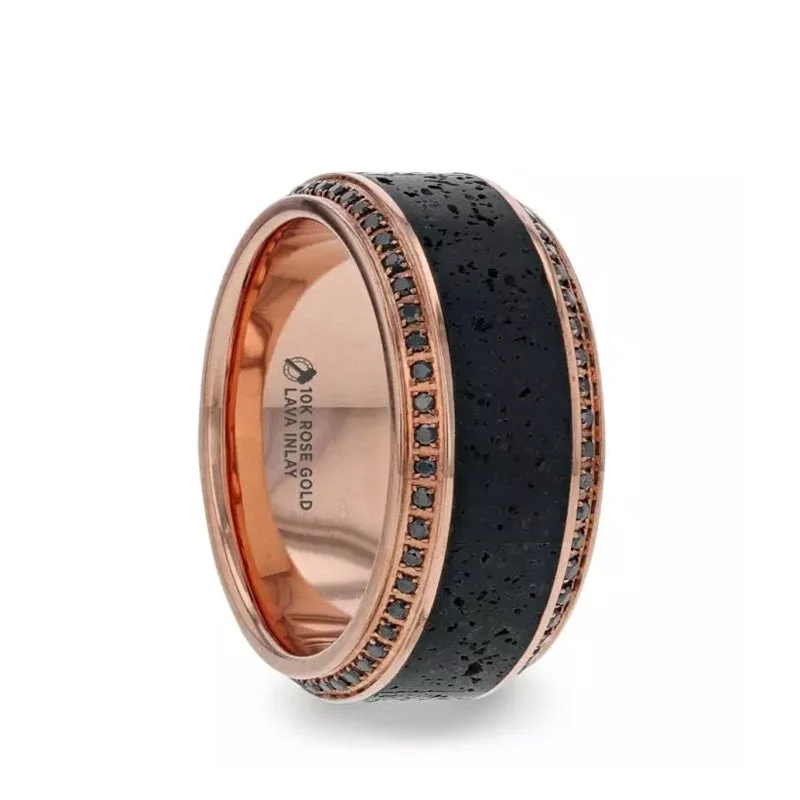 Thorsten HYPERIA Lava Inlaid 10K Rose Gold Wedding Ring Polished Beveled Edges Set with Round Black Diamonds - 10mm