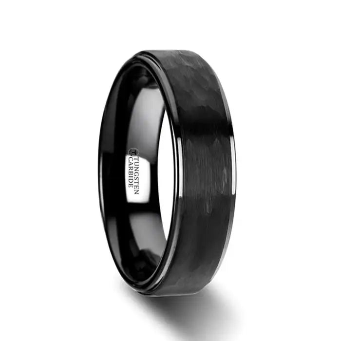 REBEL ~ Raised Hammer Finish Step Edge Black Tungsten Carbide Wedding Band with Brushed Finish