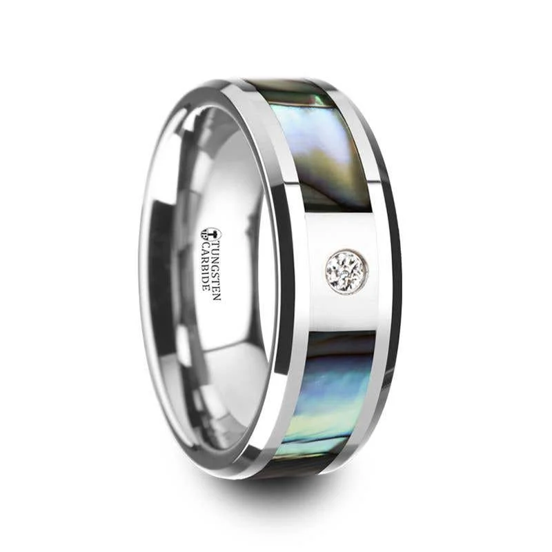 Thorsten HONOLULU Mother of Pearl Inlay Tungsten Carbide Ring with Beveled Edges and White Diamond - 8mm