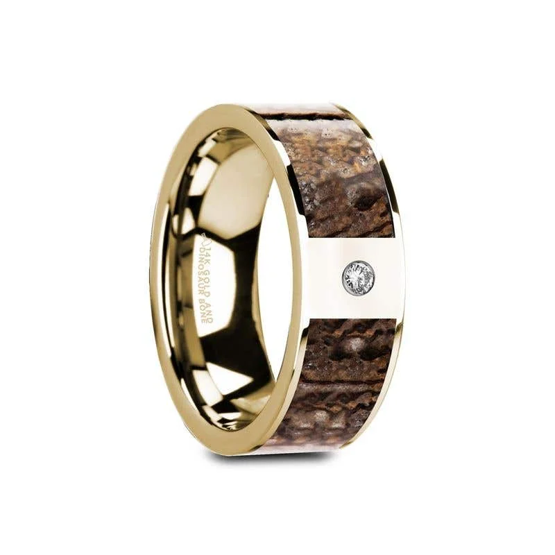 Thorsten GLAUCE Flat Polished 14K Yellow Gold Brown Dinosaur Bone & White Diamond Setting - 8mm