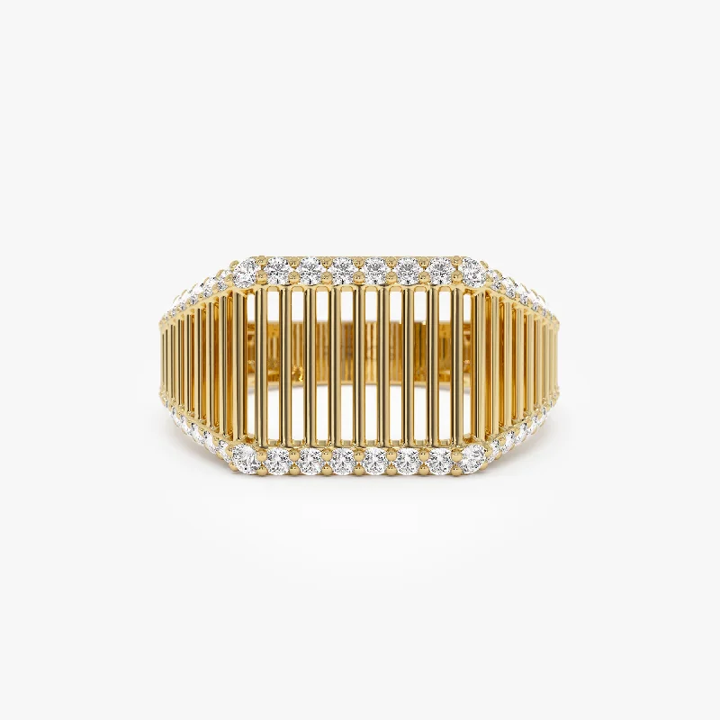 14k Ribbed Unique Design Diamond Signet Ring