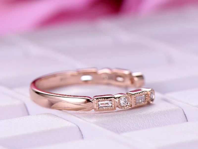 Milgrain Baguette Diamond Open Ring 14K Rose Gold