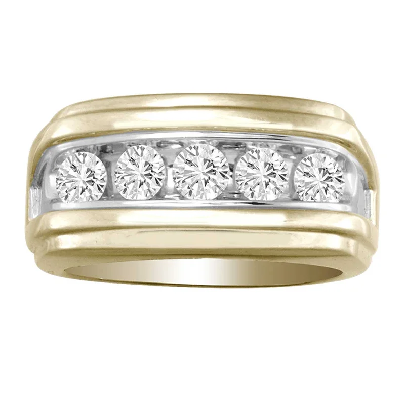 14K Yellow Gold 1.00 CT. TW. Round Cut 5-Stone Diamond Flat Top Band Men's Ring