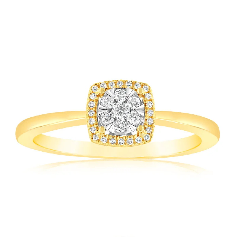 9ct Yellow Gold 1/6 Carat Diamond Cluster Halo Ring