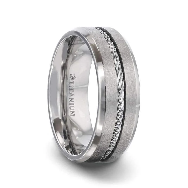 Thorsten ALBERT Steel Cable Inlaid Brushed Center Titanium Men's Wedding Band With With Beveled Polished Edges - 8mm