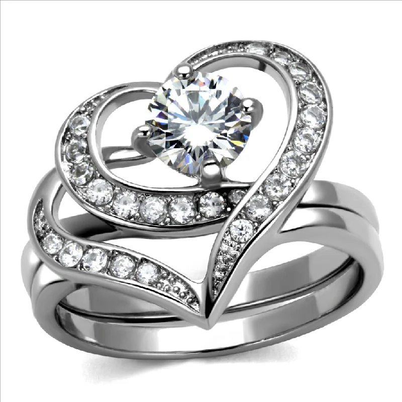 CJE2868 Stainless Steel AAA Grade CZ  Heart Ring Set