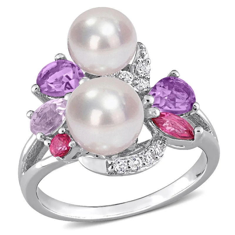 Miadora Cultured Freshwater Pearl and 1 3/8ct TGW Multi-Gemstone Cocktail Ring in Sterling Silver