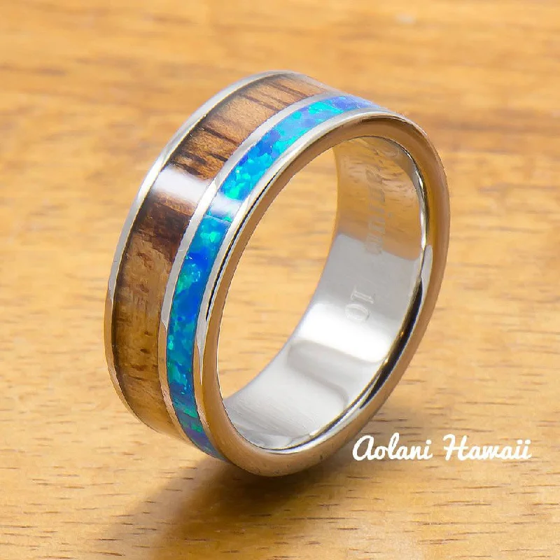 Titanium Ring with Opal and Hawaiian Koa Wood Inlay (8mm width, Flat Style)