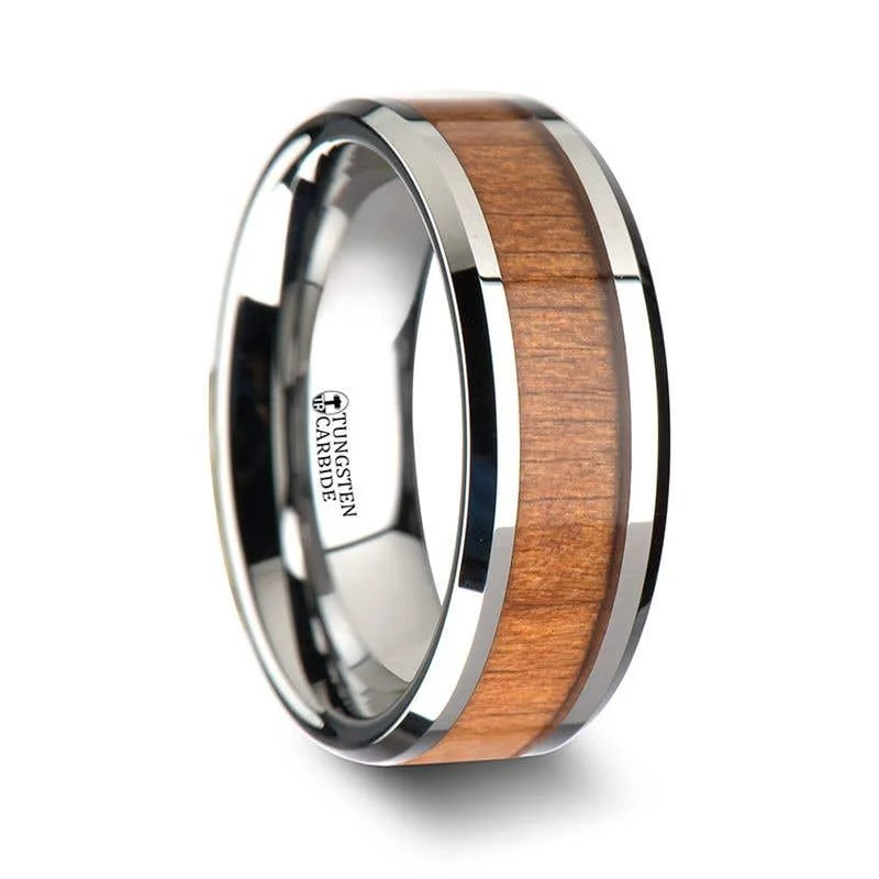 Thorsten BRUNSWICK Tungsten Wedding Ring with Polished Bevels and American Cherry Wood Inlay - 6mm - 10mm