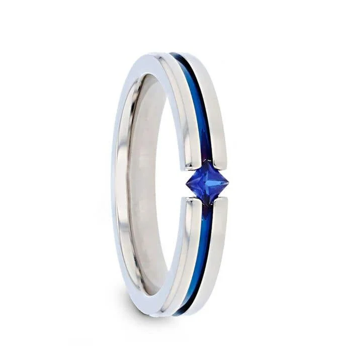 Thorsten NYMERIA Tension Set Blue Sapphire Titanium Band with Blue Stripe - 4mm