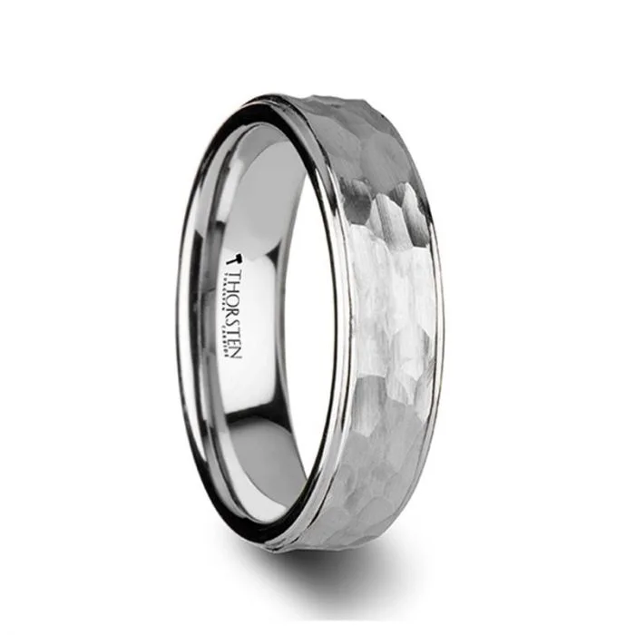 WINSTON White Tungsten Ring with Raised Hammered Finish and Polished Step Edges