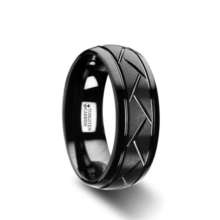 ENIGMA Domed Black Tungsten Ring with Brushed Cross Alternating Diagonal Cuts Pattern