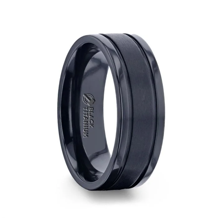 WOLVERINE Brushed Center Black Titanium Men's Wedding Band With Polished Dual Offset Grooves - 8mm