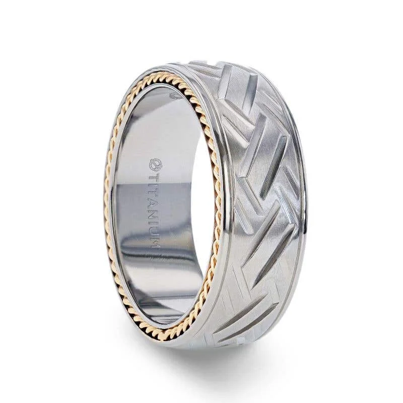 Thorsten SATURN Woven Pattern Domed Titanium Men's Wedding Ring With Yellow Gold Braided Edges - 8mm