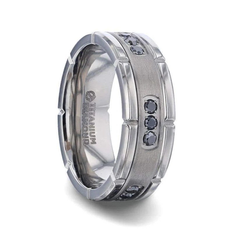 Thorsten COURAGEOUS Brushed Center Titanium Men's Wedding Band With Double Grooved Polished Edges And Black Diamond Settings - 8mm