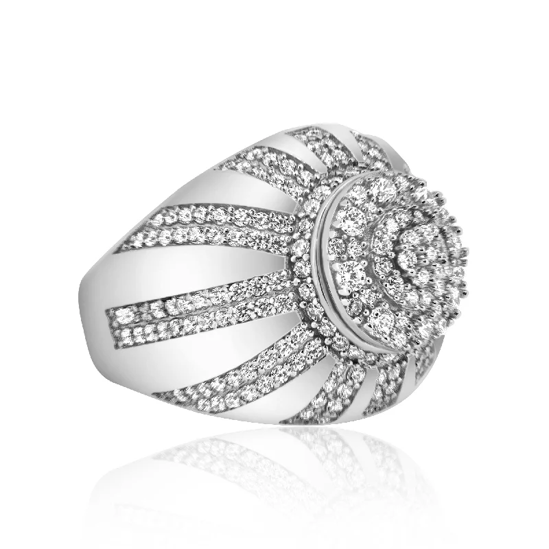 Men's Sterling 925 Sterling Silver Rhodium Dome CZ Encrusted Raising Sun Ring - GMR00352