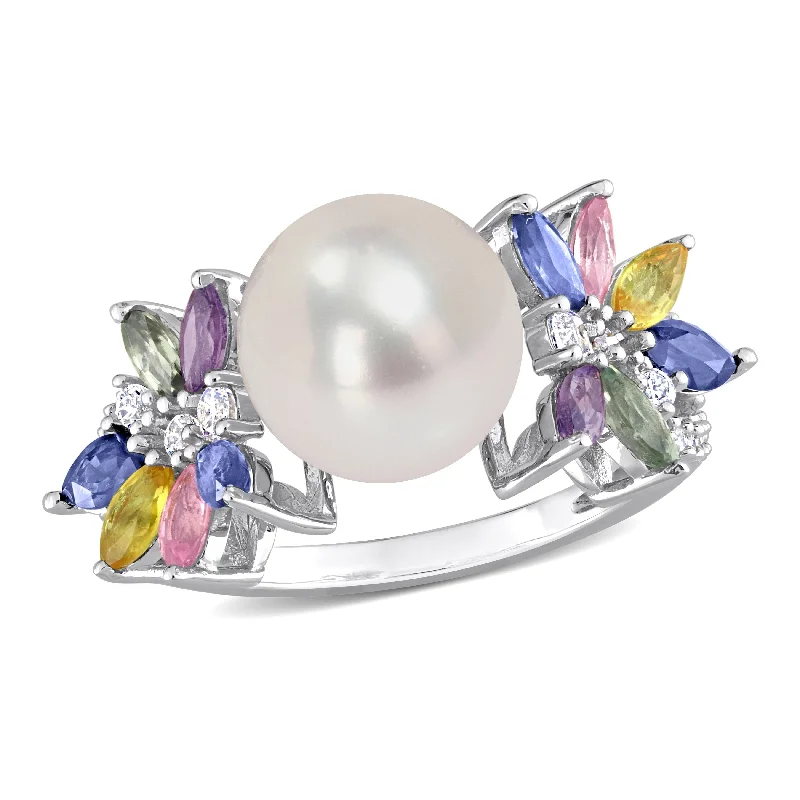 Miadora 9-9.5mm Cultured Freshwater Pearl 1 3/4ct TGW Multi Sapphire 1/8ct TW Diamond Flower Ring in 14k White Gold