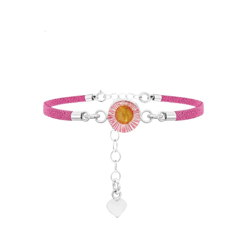 Shrieking Violet Pink Daisy Sterling Silver Vegan Suede Bracelet