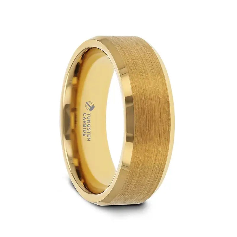 HONOR Gold Plated Tungsten Beveled Polished Edges Flat Ring with Brushed Center