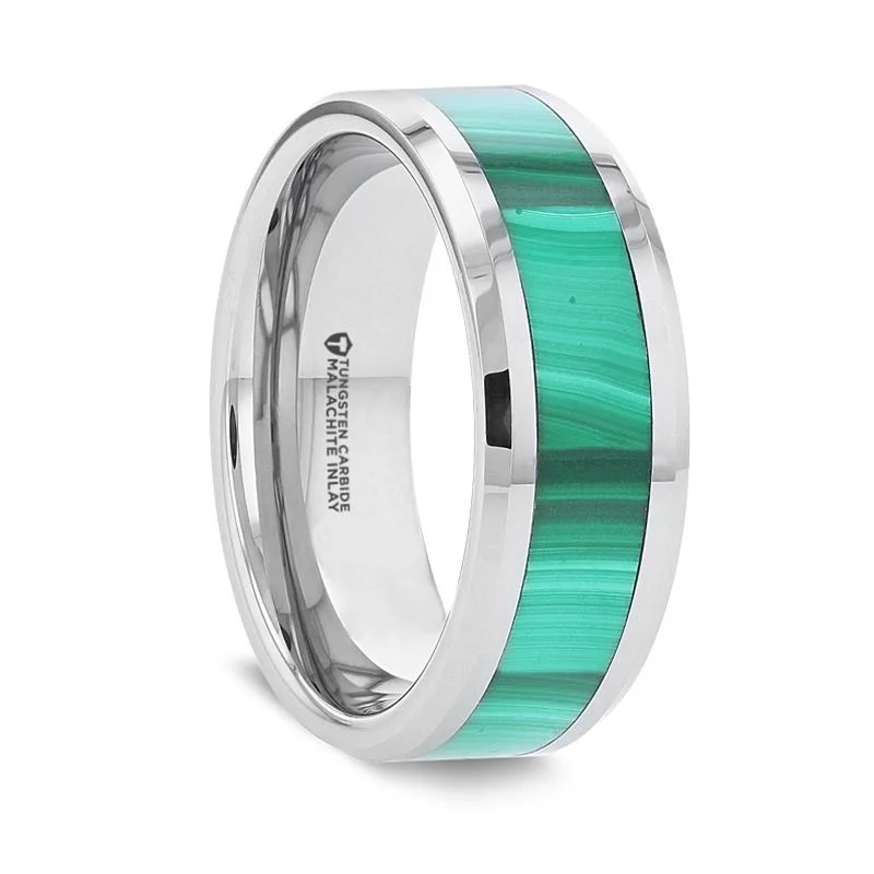 MAHI Malachite Inlay Tungsten Carbide Ring with Polished Beveled Edges