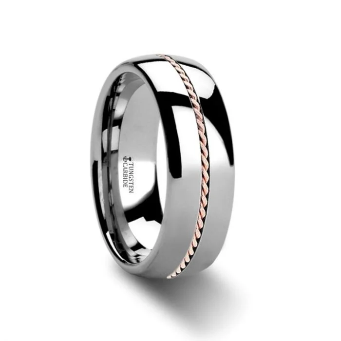 ROSSMOOR Braided Rose Gold Inlay Domed Tungsten Ring