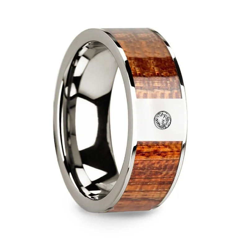 Thorsten 14k White Gold Wedding Band with Mahogany Wood Inlay & Diamond - 8mm