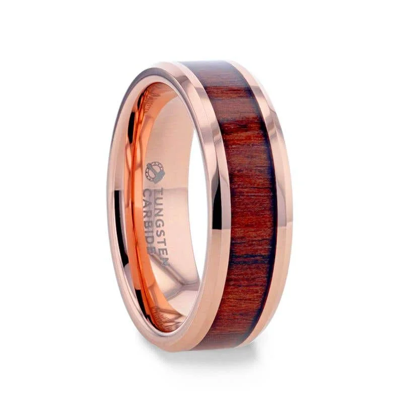 Thorsten DYLAN Rose Gold Plated Koa Wood Inlaid Tungsten Wedding Band With Beveled Polished Edges - 8mm