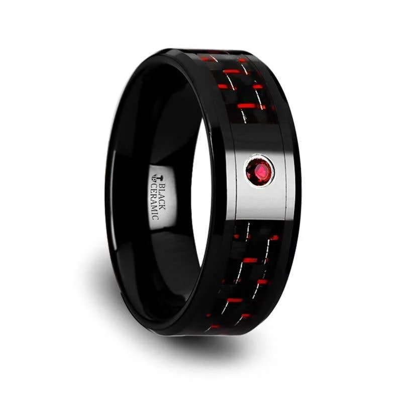 Thorsten SORRELL Black Ceramic Ring Black and Red Carbon Fiber Ruby Setting - 8mm