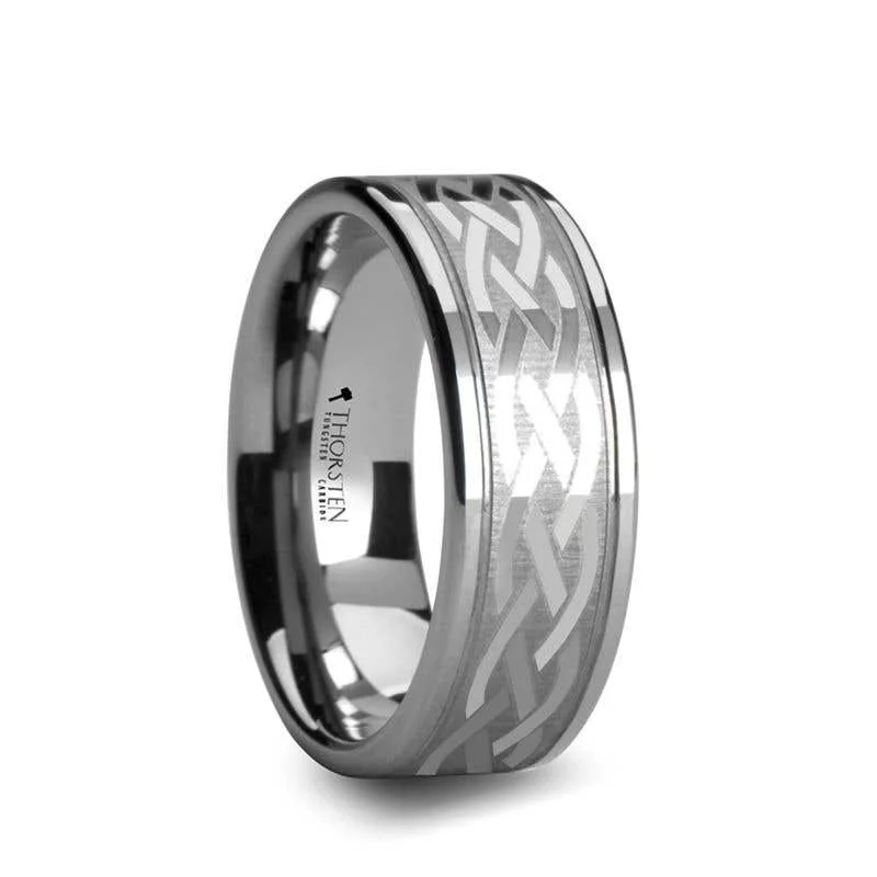 Thorsten PAETUS Flat Dual Offset Grooved Tungsten Ring with Celtic Design - 8mm & 10mm