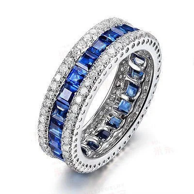 2.5ct Natural Princess Cut Ceylon Blue Sapphire September Birthstone Band, VS-H Diamond 0.78ctw