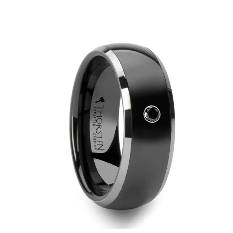 Thorsten GOTHAM Domed Black Ceramic Comfort Fit Wedding Band Polished Tungsten Edges Black Diamond Setting - 8mm