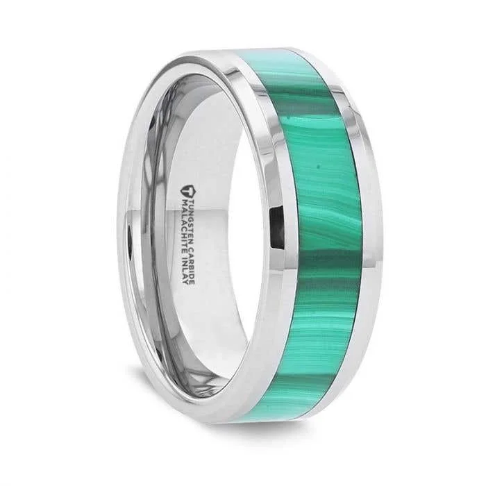 Thorsten MAHI Malachite Inlay Tungsten Carbide Ring with Polished Beveled Edges - 8mm