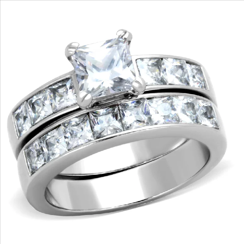 CJE61206 Wholesale Stainless Steel CZ Princess Cut Eternity Wedding Ring Set