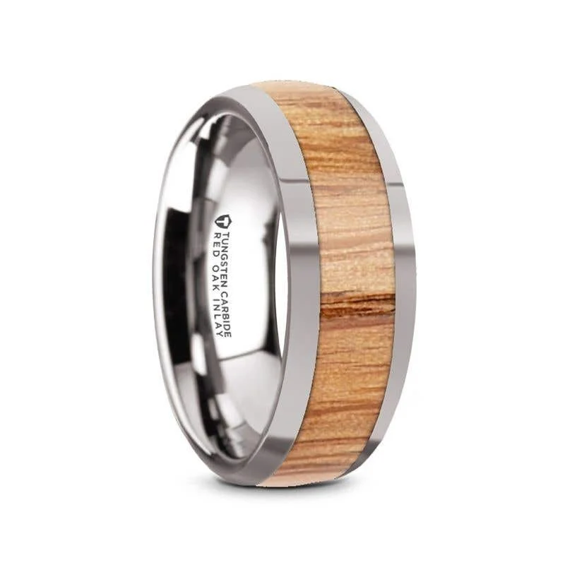 Thorsten CINDER Domed Tungsten Men's Wedding Band with Red Oak Wood Inlay - 8mm