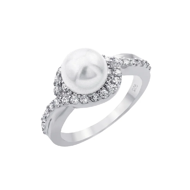 Silver 925 Rhodium Plated Clear Cluster CZ Synthetic Pearl Ring - BGR00910