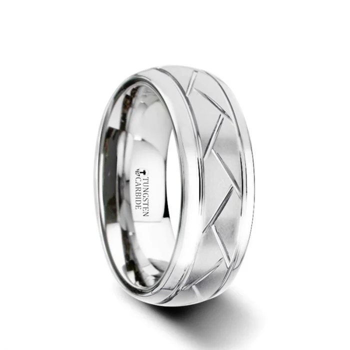 OCTAVIAN Domed Tungsten Carbide Ring with Crisscross Grooves and Brushed Finish