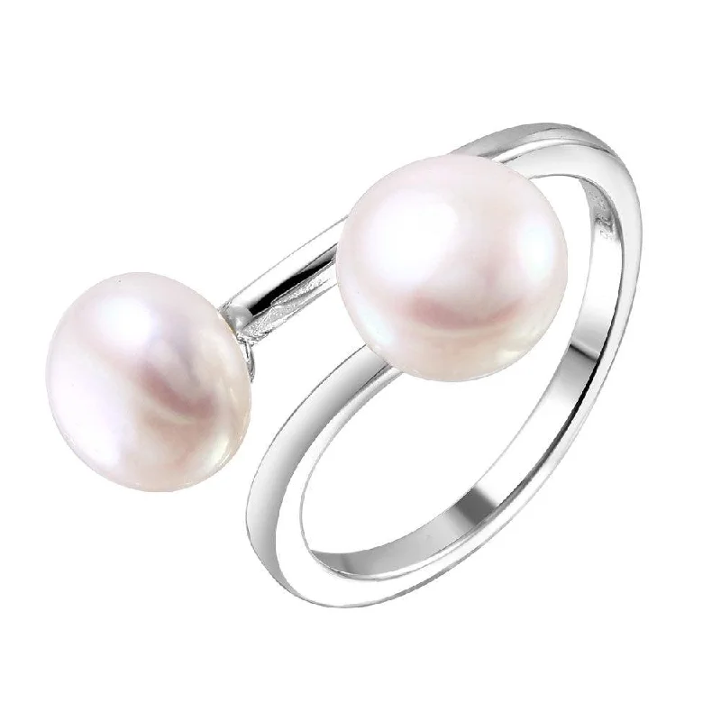 Silver 925 Rhodium Plated Open Double Fresh Water Pearl Ring - STR01044