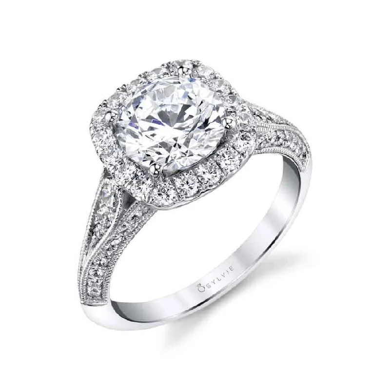 Sylvie Collection 14K White Gold Round Halo Engagement Ring Setting