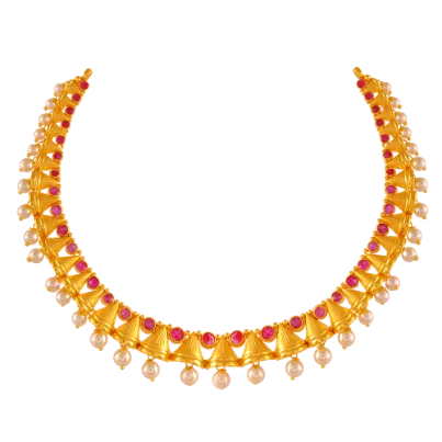 22k Gold Necklace For New Brides With Pearl & Red Stones