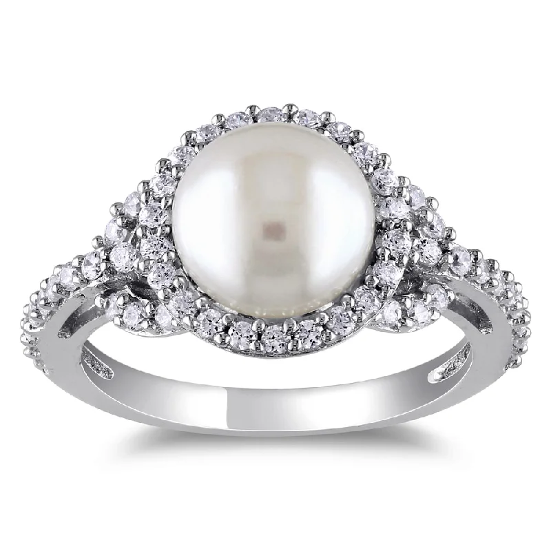 Miadora Sterling Silver Cubic Zirconia and Pearl Ring (8.5-9 mm)